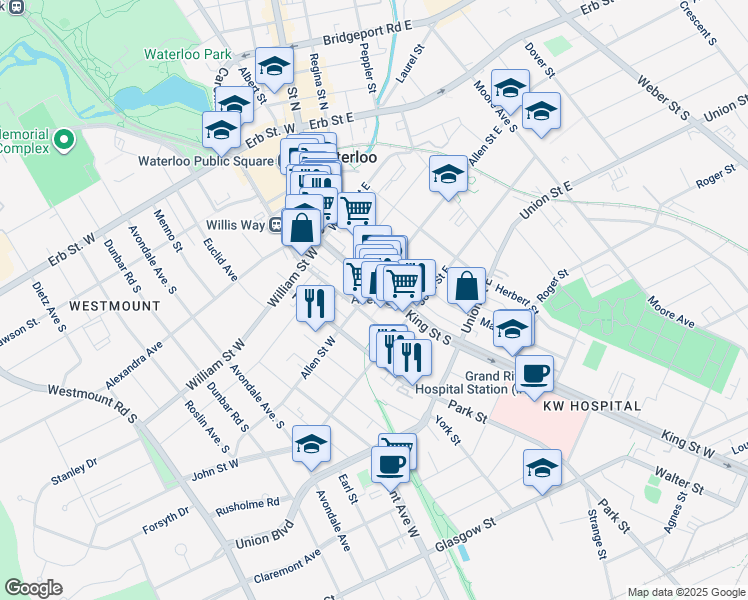 map of restaurants, bars, coffee shops, grocery stores, and more near in Waterloo