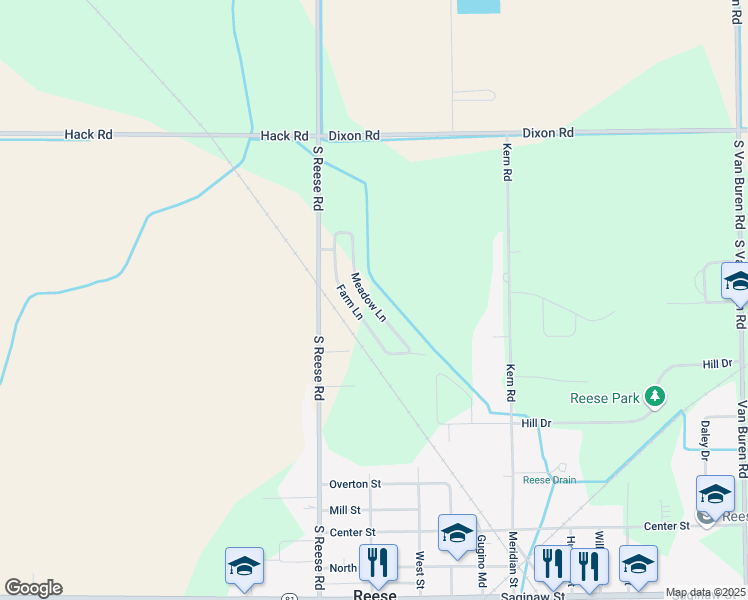 map of restaurants, bars, coffee shops, grocery stores, and more near 1699 Farm Lane in Reese