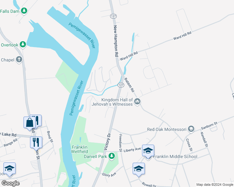 map of restaurants, bars, coffee shops, grocery stores, and more near 408 Victory Drive in Franklin