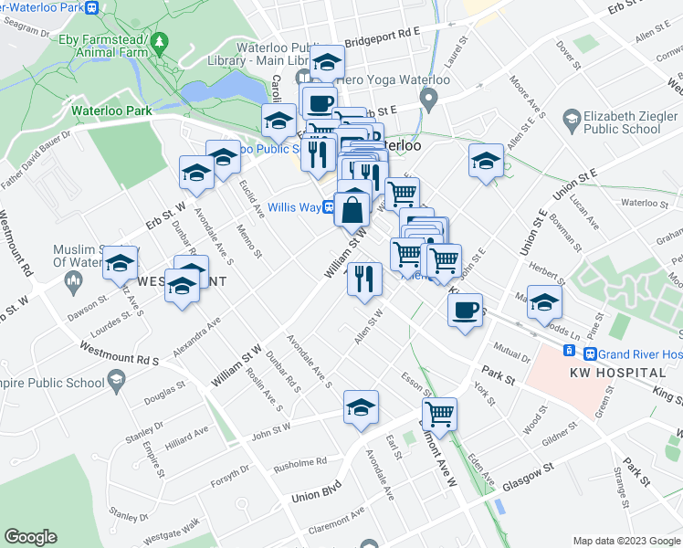 map of restaurants, bars, coffee shops, grocery stores, and more near 101 Park Street in Waterloo