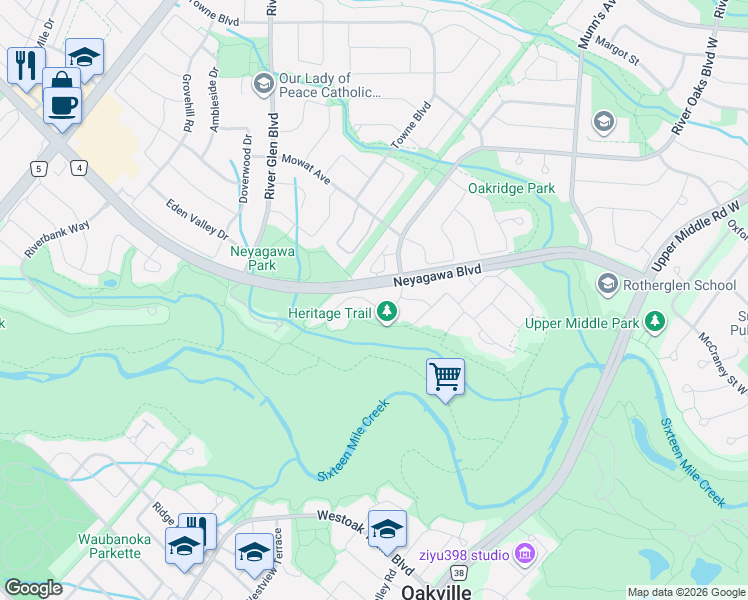 map of restaurants, bars, coffee shops, grocery stores, and more near 2305 Woodfield Road in Oakville