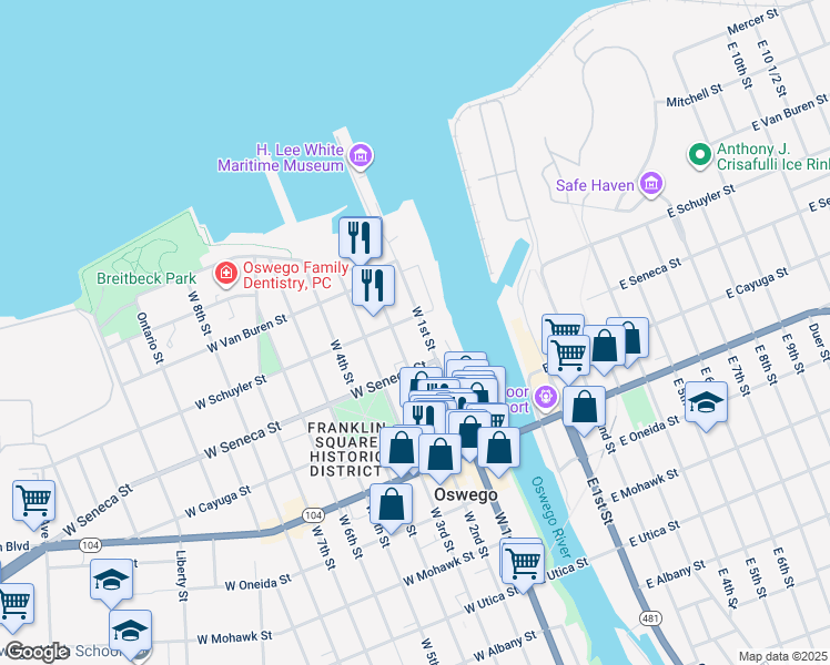 map of restaurants, bars, coffee shops, grocery stores, and more near 78 West 1st Street in Oswego