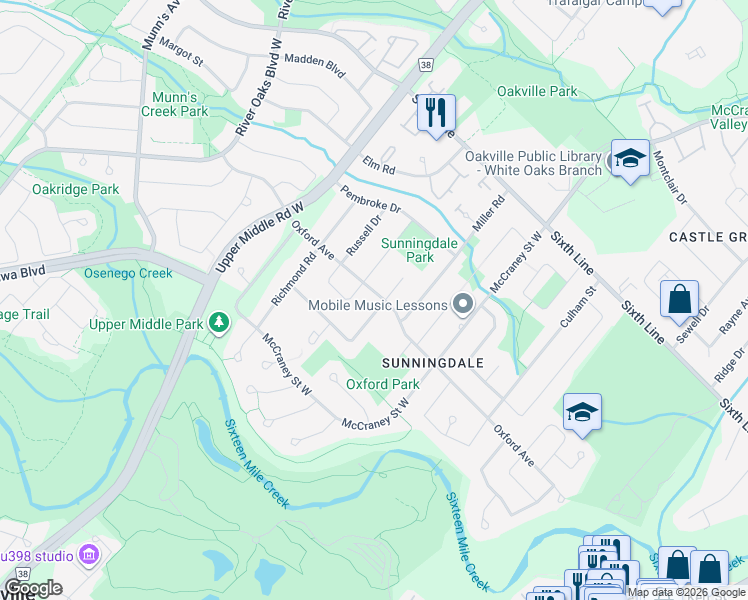 map of restaurants, bars, coffee shops, grocery stores, and more near 145 Mansfield Drive in Oakville