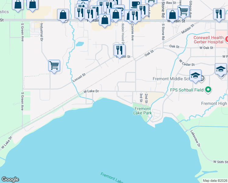 map of restaurants, bars, coffee shops, grocery stores, and more near 6632 West Lake Drive in Fremont