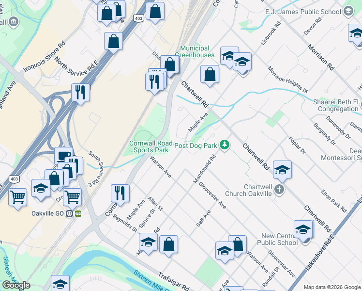 map of restaurants, bars, coffee shops, grocery stores, and more near in Oakville