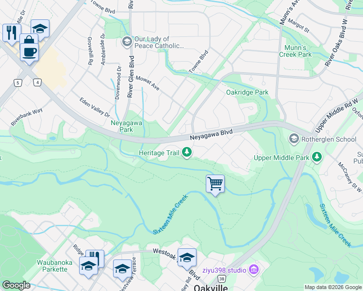map of restaurants, bars, coffee shops, grocery stores, and more near 2305 Woodfield Road in Oakville