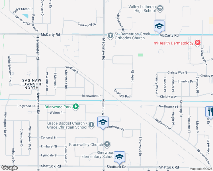 map of restaurants, bars, coffee shops, grocery stores, and more near 4785 Mackinaw Road in Saginaw