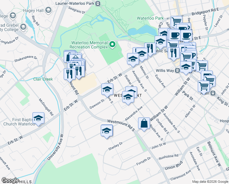 map of restaurants, bars, coffee shops, grocery stores, and more near 21 Beverley Street in Waterloo