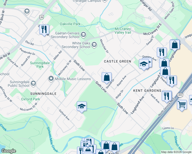 map of restaurants, bars, coffee shops, grocery stores, and more near 1265 Sixth Line in Oakville