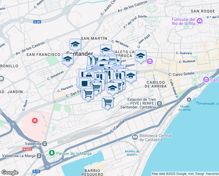 map of restaurants, bars, coffee shops, grocery stores, and more near Calle Tres de Noviembre in Santander