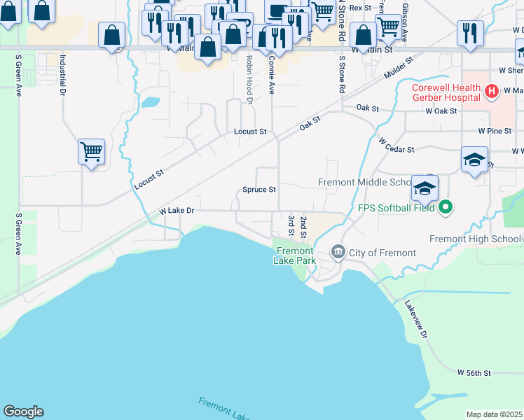map of restaurants, bars, coffee shops, grocery stores, and more near 6586 West Lake Drive in Fremont