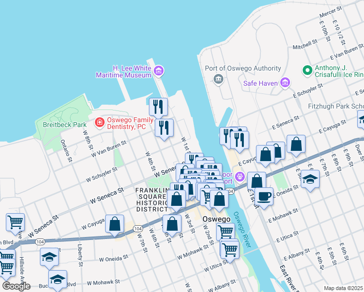 map of restaurants, bars, coffee shops, grocery stores, and more near 68 West 1st Street in Oswego
