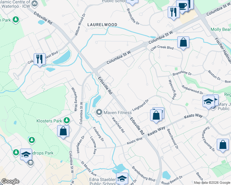 map of restaurants, bars, coffee shops, grocery stores, and more near 360 Cornridge Place in Waterloo