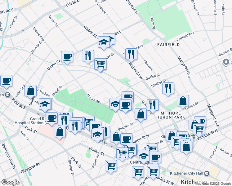 map of restaurants, bars, coffee shops, grocery stores, and more near 193 Waterloo Street in Kitchener