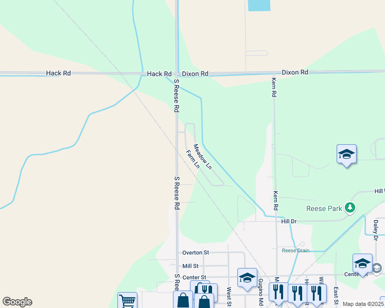map of restaurants, bars, coffee shops, grocery stores, and more near 1699 Farm Lane in Reese