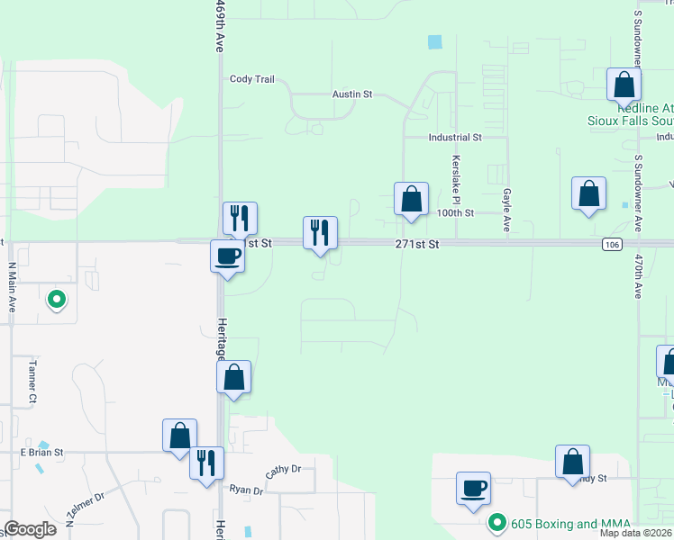 map of restaurants, bars, coffee shops, grocery stores, and more near 46927 271st Street in Tea