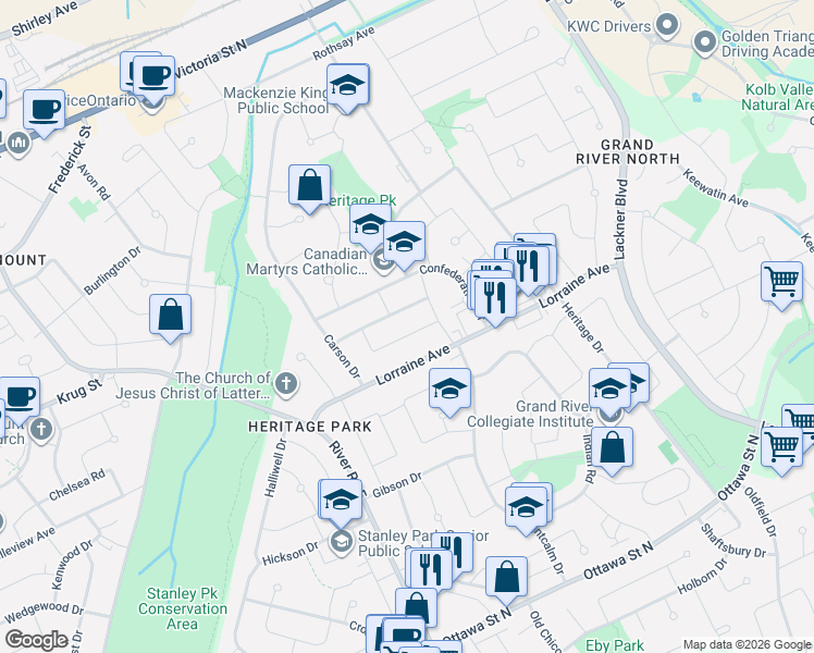 map of restaurants, bars, coffee shops, grocery stores, and more near 116 Lorraine Avenue in Kitchener