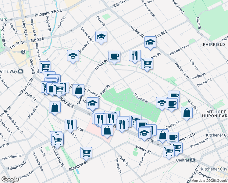 map of restaurants, bars, coffee shops, grocery stores, and more near 103 Roger Street in Waterloo
