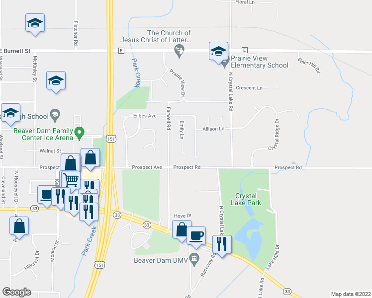 map of restaurants, bars, coffee shops, grocery stores, and more near 311 Emily Lane in Beaver Dam