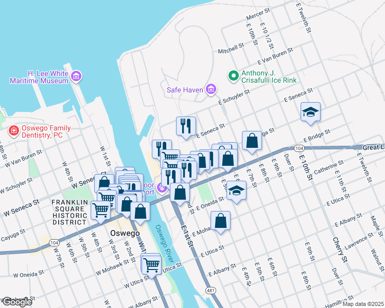 map of restaurants, bars, coffee shops, grocery stores, and more near 36 East Cayuga Street in Oswego