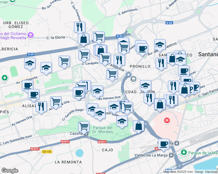 map of restaurants, bars, coffee shops, grocery stores, and more near Calle Manuel Rioz Pedraja in Santander