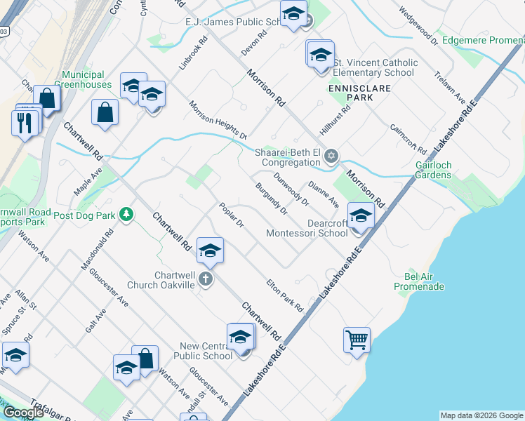 map of restaurants, bars, coffee shops, grocery stores, and more near 225 Forestwood Drive in Oakville