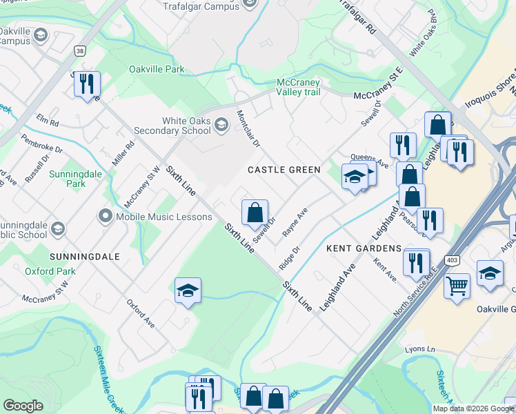 map of restaurants, bars, coffee shops, grocery stores, and more near 1319 Redbank Crescent in Oakville
