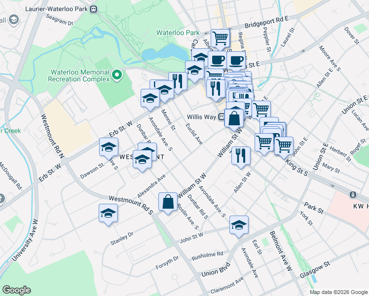 map of restaurants, bars, coffee shops, grocery stores, and more near 63 Menno Street in Waterloo