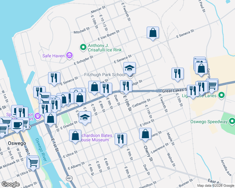 map of restaurants, bars, coffee shops, grocery stores, and more near 183 East 9th Street in Oswego