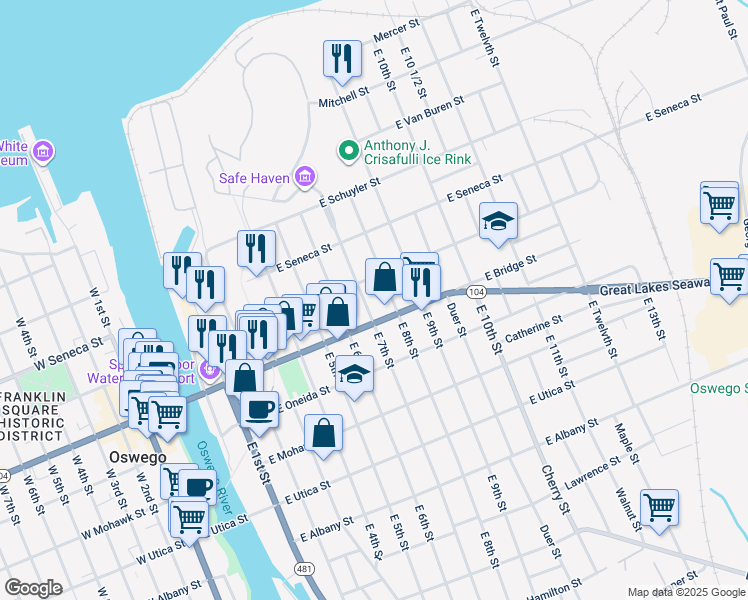 map of restaurants, bars, coffee shops, grocery stores, and more near in Oswego