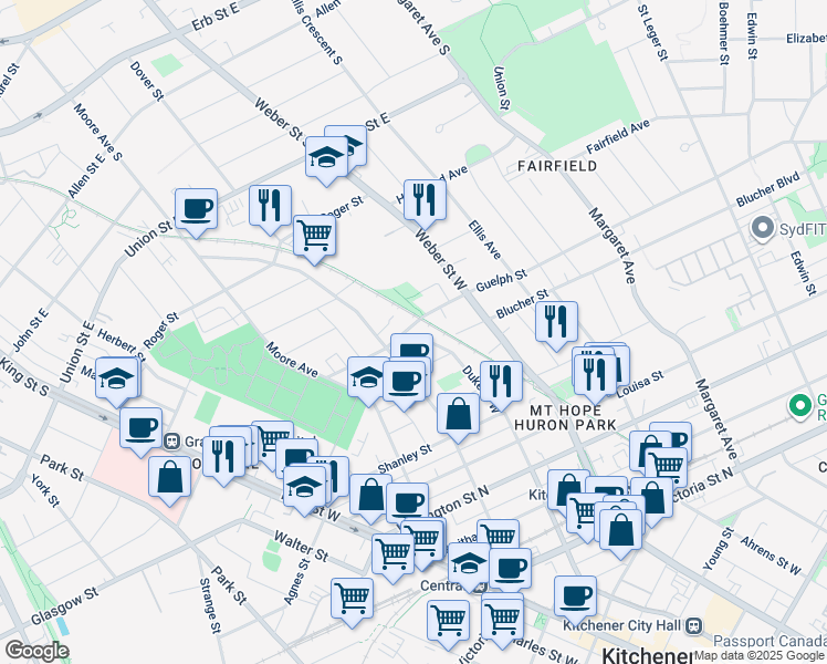 map of restaurants, bars, coffee shops, grocery stores, and more near 164 Waterloo Street in Kitchener