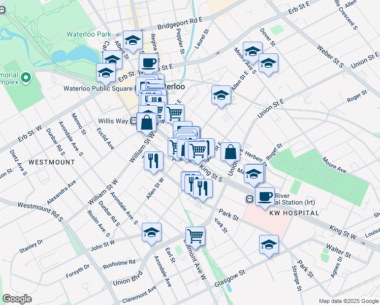 map of restaurants, bars, coffee shops, grocery stores, and more near 188 King Street South in Waterloo