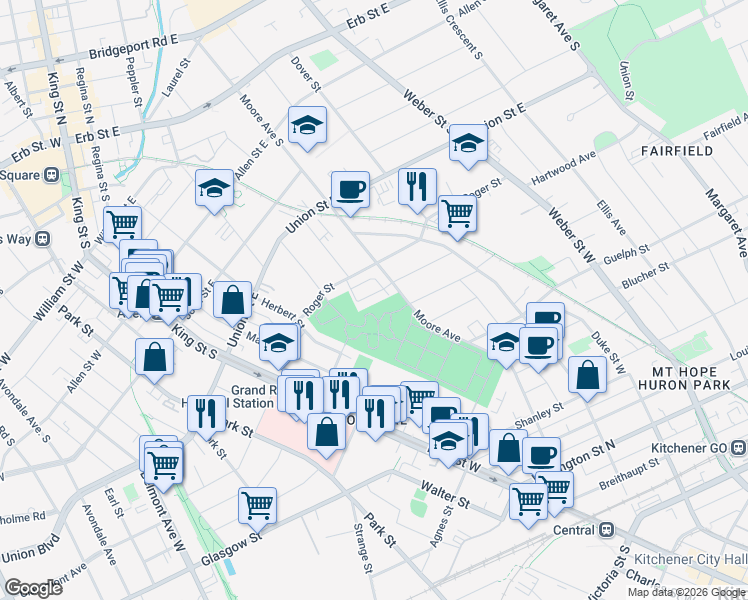 map of restaurants, bars, coffee shops, grocery stores, and more near 107 Roger Street in Waterloo