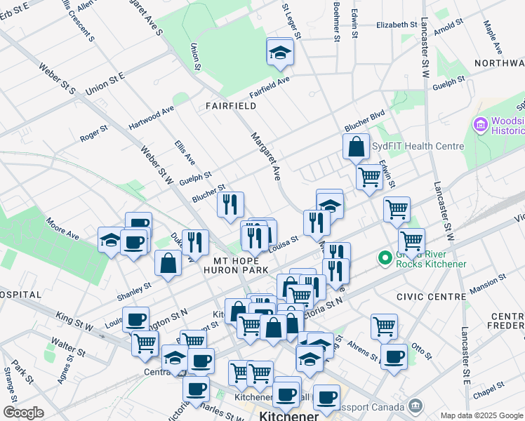 map of restaurants, bars, coffee shops, grocery stores, and more near 110 Wilhelm Street in Kitchener