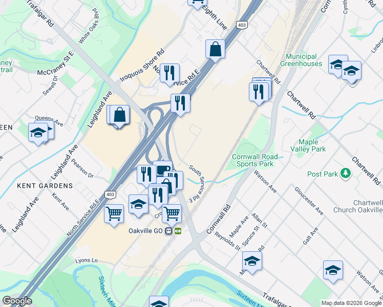 map of restaurants, bars, coffee shops, grocery stores, and more near 354 Davis Road in Oakville