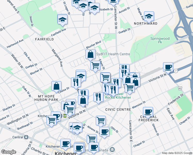 map of restaurants, bars, coffee shops, grocery stores, and more near in Kitchener