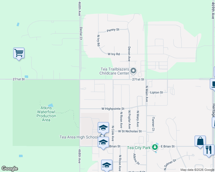 map of restaurants, bars, coffee shops, grocery stores, and more near 46801-46831 271st Street in Tea