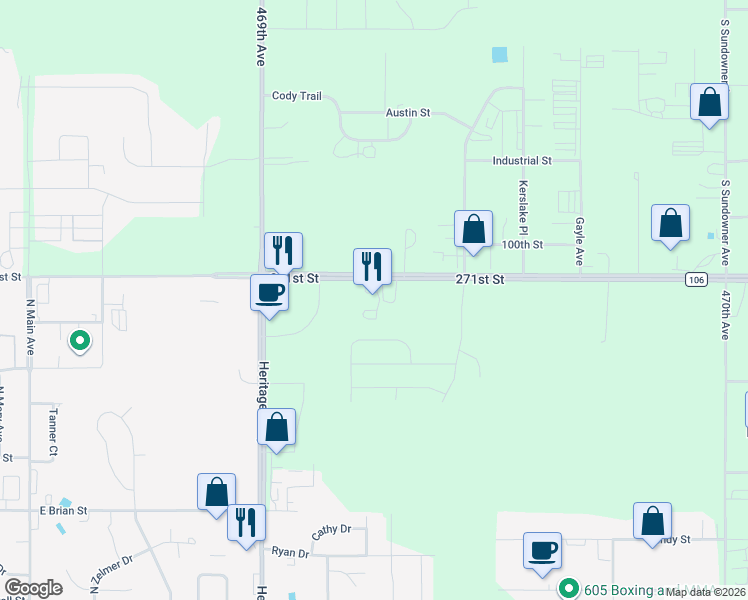 map of restaurants, bars, coffee shops, grocery stores, and more near 46923 271st Street in Tea