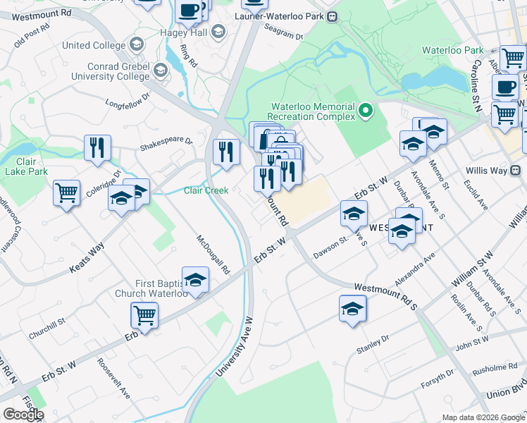 map of restaurants, bars, coffee shops, grocery stores, and more near 25 Westmount Road North in Waterloo