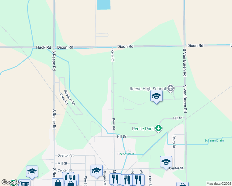 map of restaurants, bars, coffee shops, grocery stores, and more near 1627-1661 Kern Road in Reese