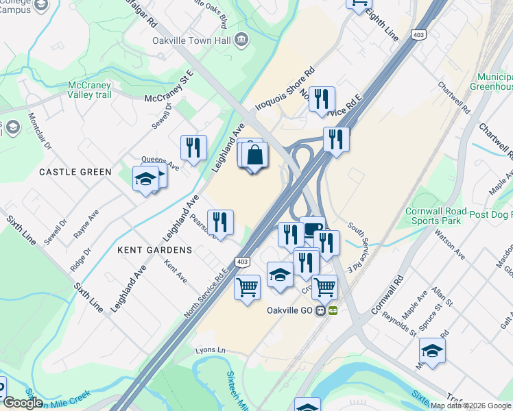 map of restaurants, bars, coffee shops, grocery stores, and more near 240 Leighland Avenue in Oakville