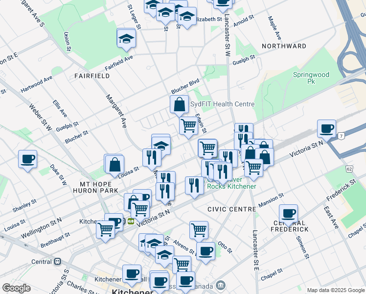 map of restaurants, bars, coffee shops, grocery stores, and more near 345 Louisa Street in Kitchener