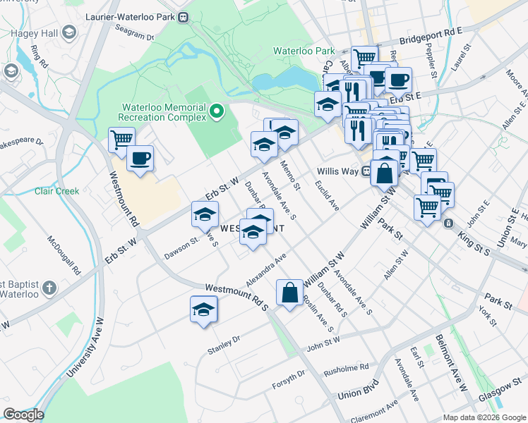 map of restaurants, bars, coffee shops, grocery stores, and more near in Waterloo