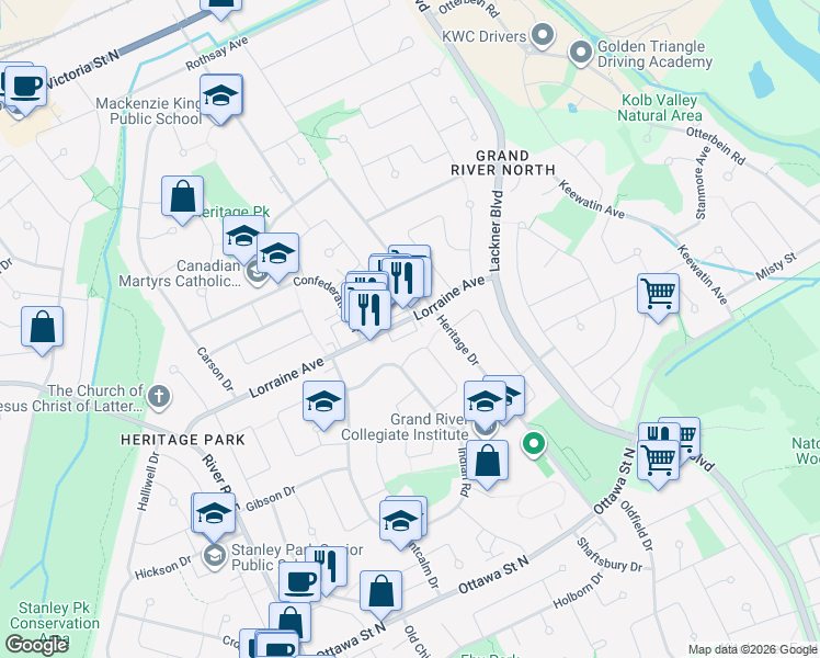 map of restaurants, bars, coffee shops, grocery stores, and more near 205 Lorraine Avenue in Kitchener