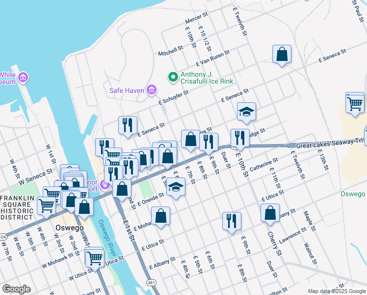 map of restaurants, bars, coffee shops, grocery stores, and more near 32 East Cayuga Street in Oswego