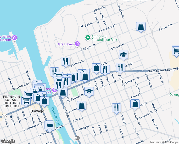 map of restaurants, bars, coffee shops, grocery stores, and more near 32 East Cayuga Street in Oswego