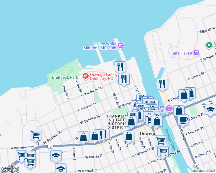 map of restaurants, bars, coffee shops, grocery stores, and more near 22 West 4th Street in Oswego