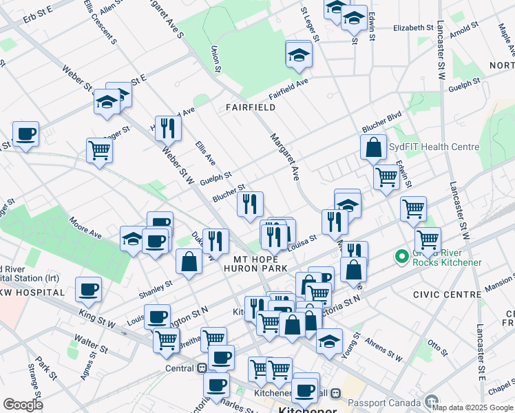 map of restaurants, bars, coffee shops, grocery stores, and more near 215 Ahrens Street West in Kitchener