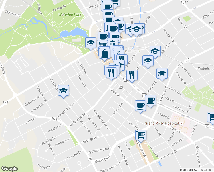 map of restaurants, bars, coffee shops, grocery stores, and more near 91b Caroline Street South in Waterloo