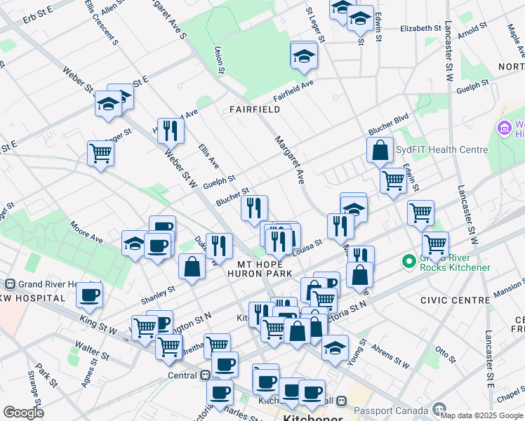 map of restaurants, bars, coffee shops, grocery stores, and more near 215 Ahrens Street West in Kitchener